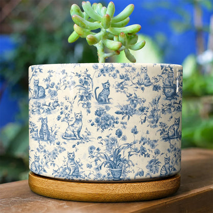 Lorva Ceramic Plant Pot Blue Floral Cats