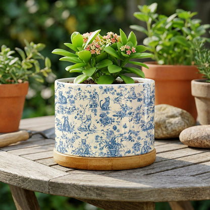 Lorva Ceramic Plant Pot Blue Floral Cats