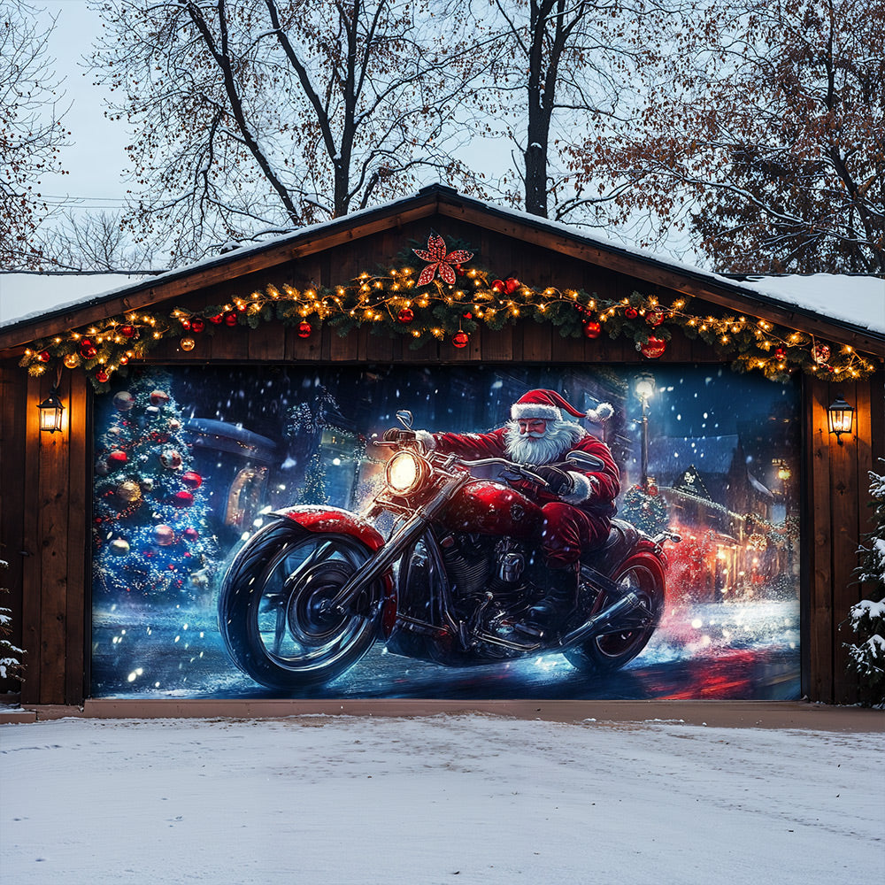 Lorva Chistmas Garage Door Banner Decoration Santa’s Midnight Motorcycle Run