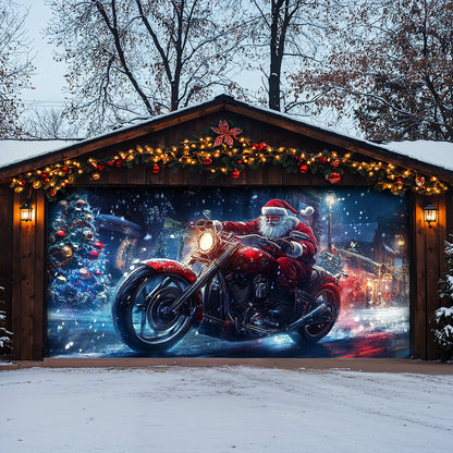 Lorva Chistmas Garage Door Banner Decoration Santa’s Midnight Motorcycle Run