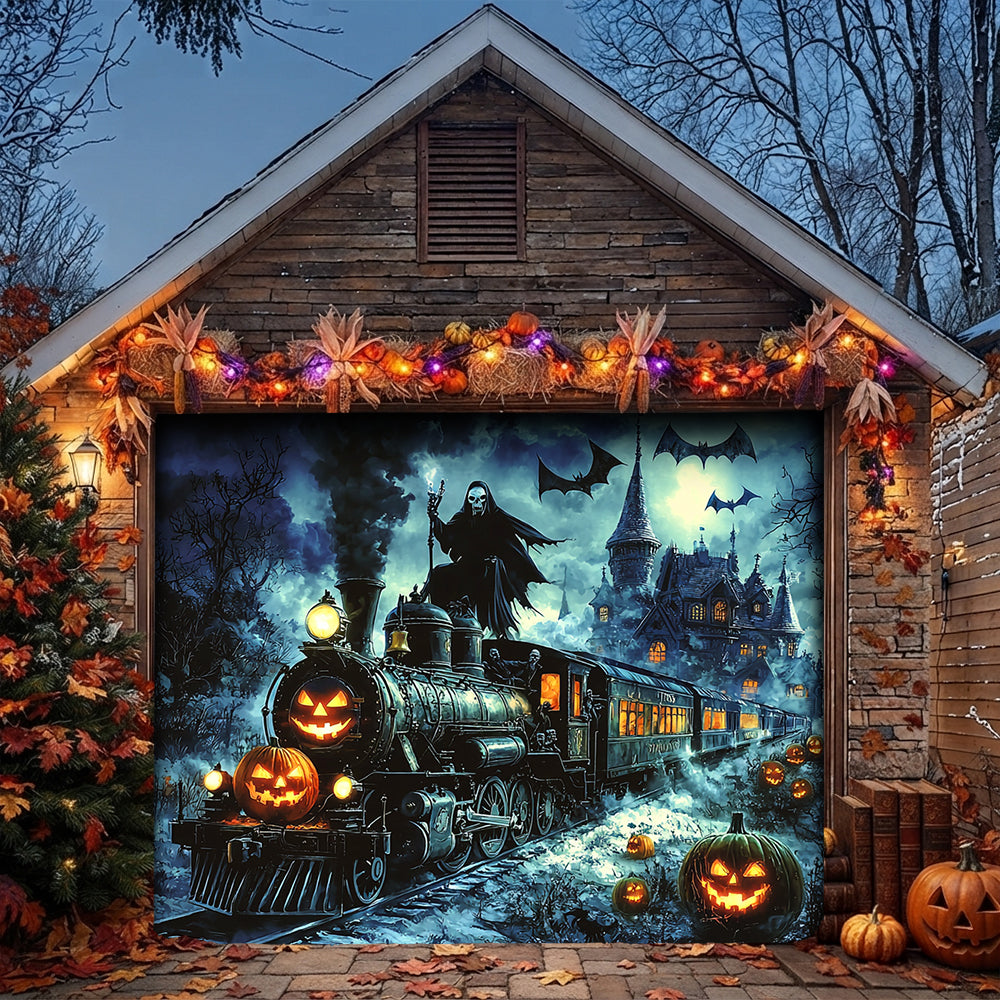 Lorva Halloween Garage Door Banner Decoration Grim Reaper Haunted Train