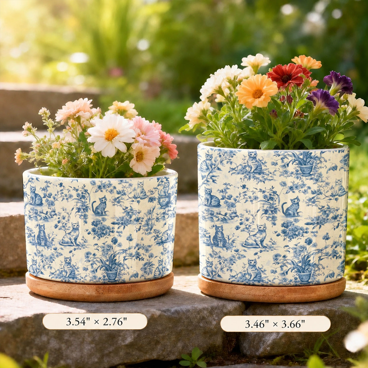 Lorva Ceramic Plant Pot Blue Floral Cats