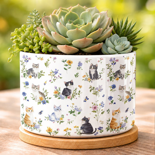 Lorva Ceramic Plant Pot Sweet Floral Cats