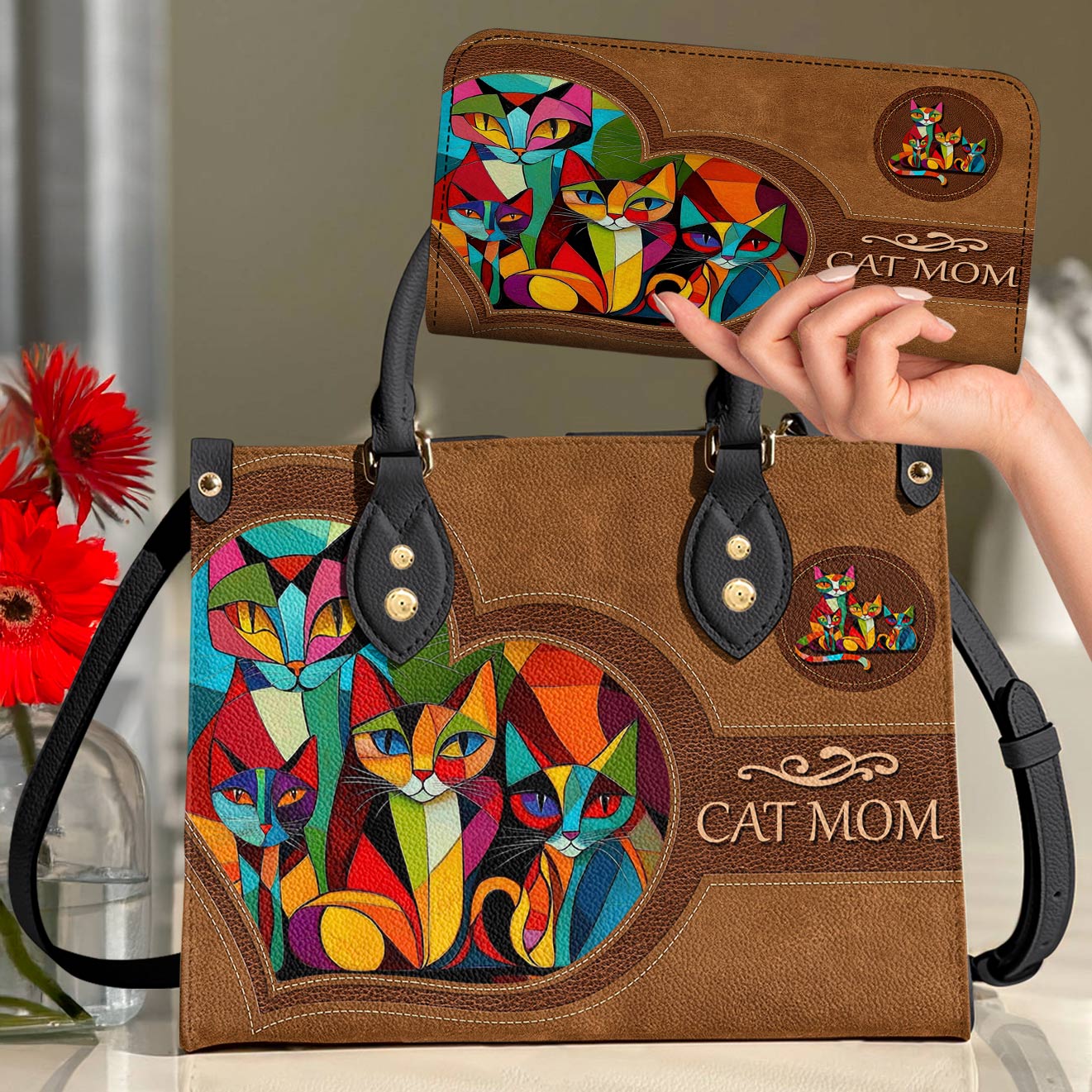 Lorva Leather Bag Colorful Cubism Cat Mom