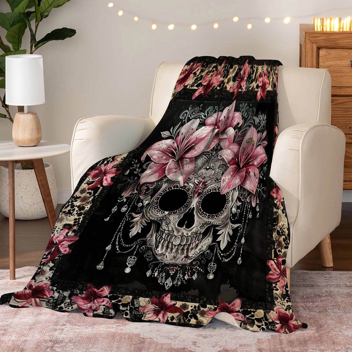 Lorva Fleece Blanket Gorgeous Skull With Lilies