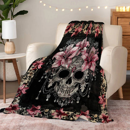 Lorva Fleece Blanket Gorgeous Skull With Lilies