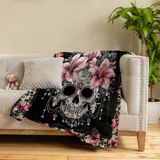 Lorva Fleece Blanket Gorgeous Skull With Lilies