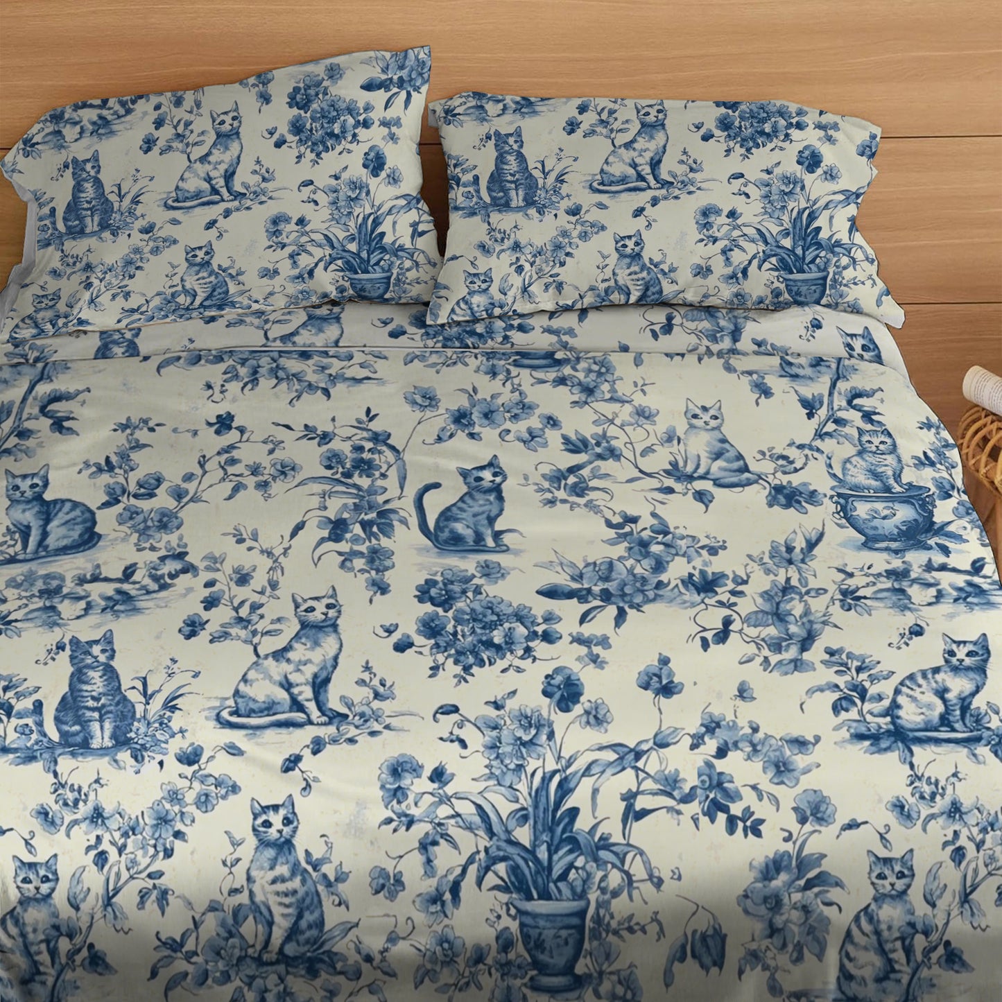 Lorva 4-Piece Bed Sheet Set Blue Garden Whiskers