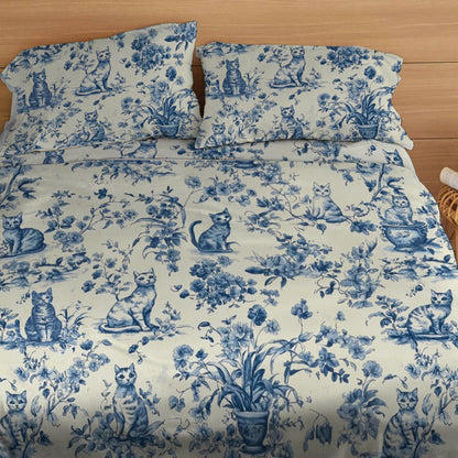 Lorva 4-Piece Bed Sheet Set Blue Garden Whiskers