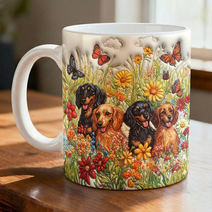 Lorva Flat Print Mug Sunshine Dachshunds In Flowers Garden