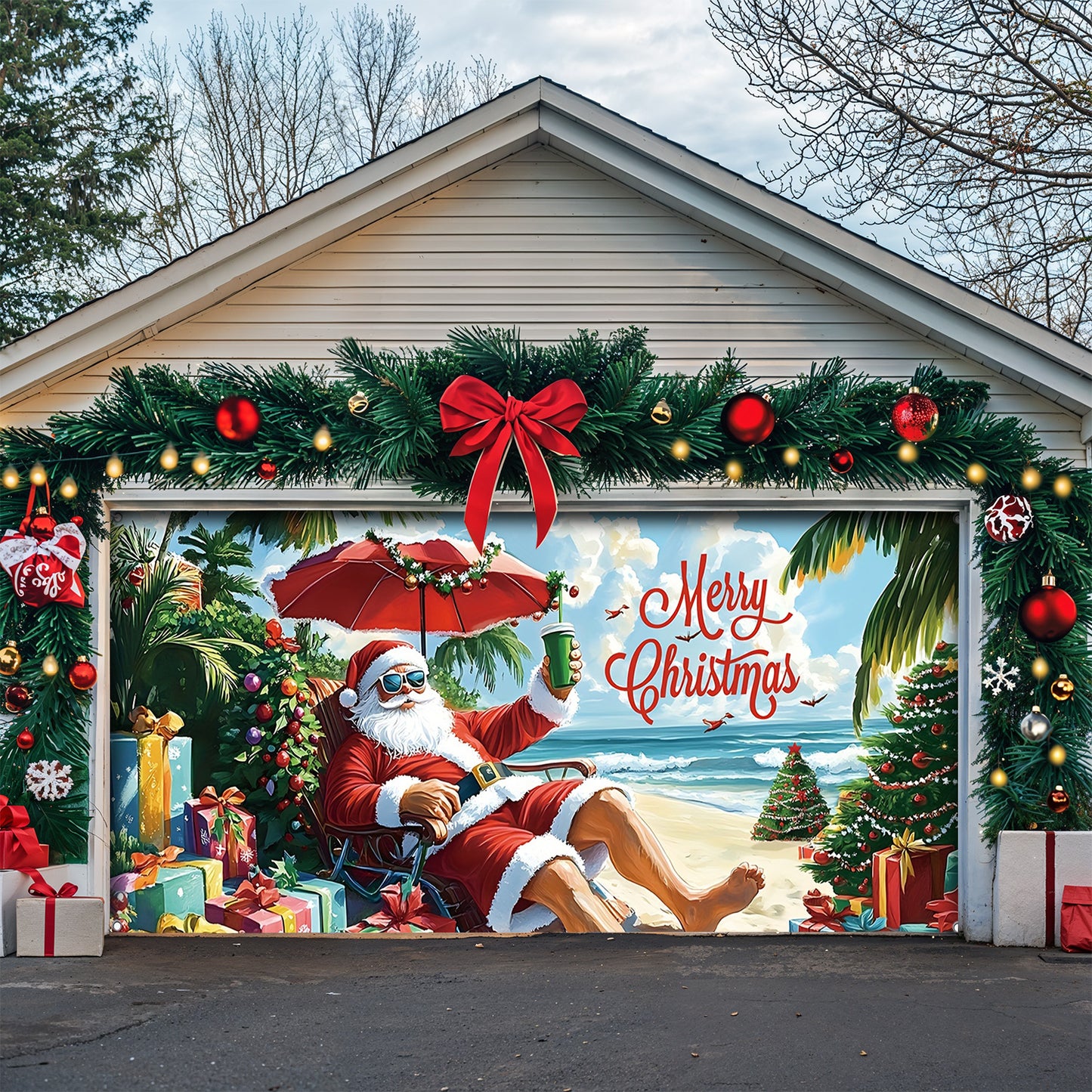 Lorva Garage Door Banner Decoration Santa On Beach