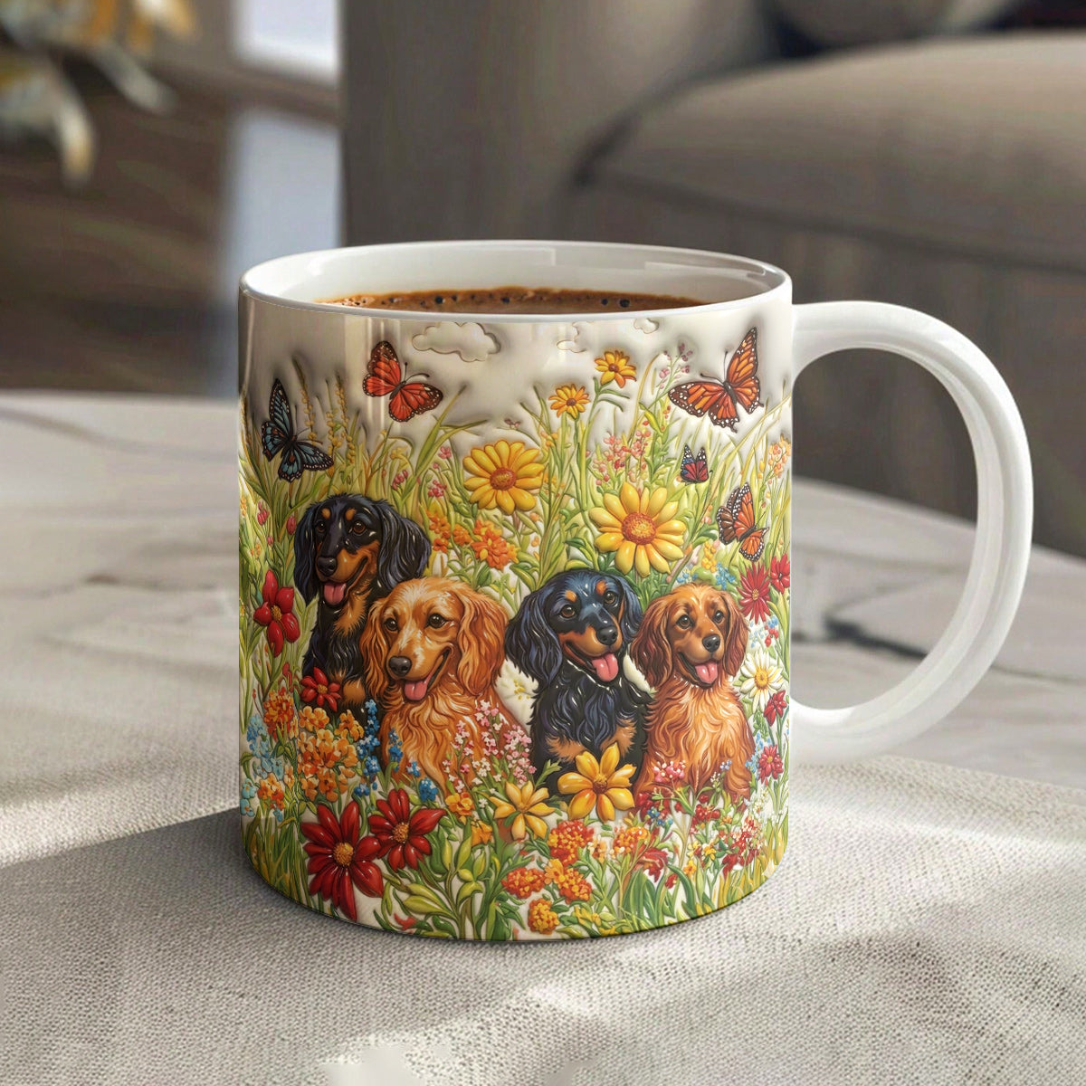 Lorva Flat Print Mug Sunshine Dachshunds In Flowers Garden