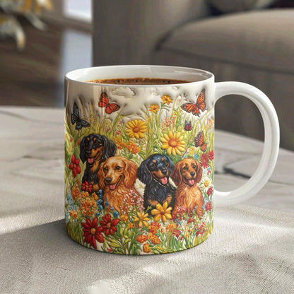 Lorva Flat Print Mug Sunshine Dachshunds In Flowers Garden