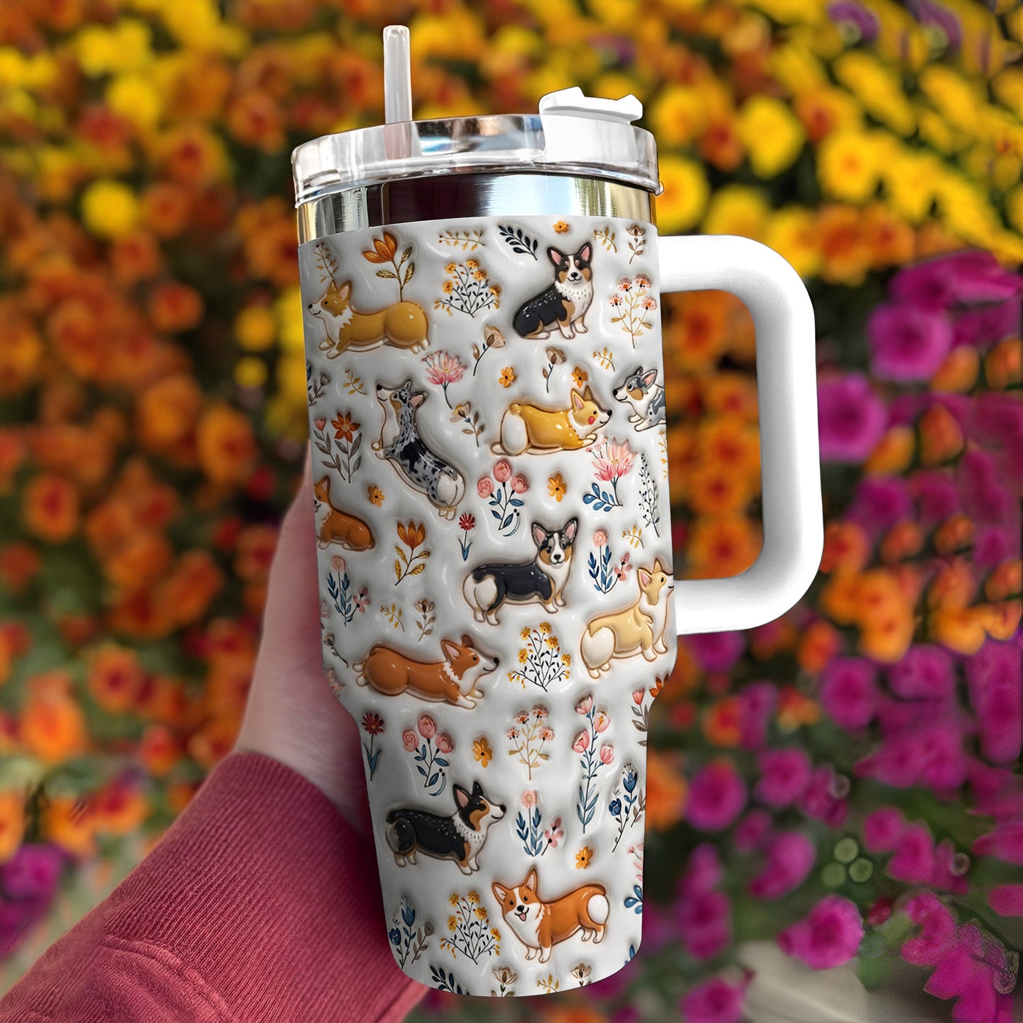 Lorva Corgi Tumbler Happy Field Flowers