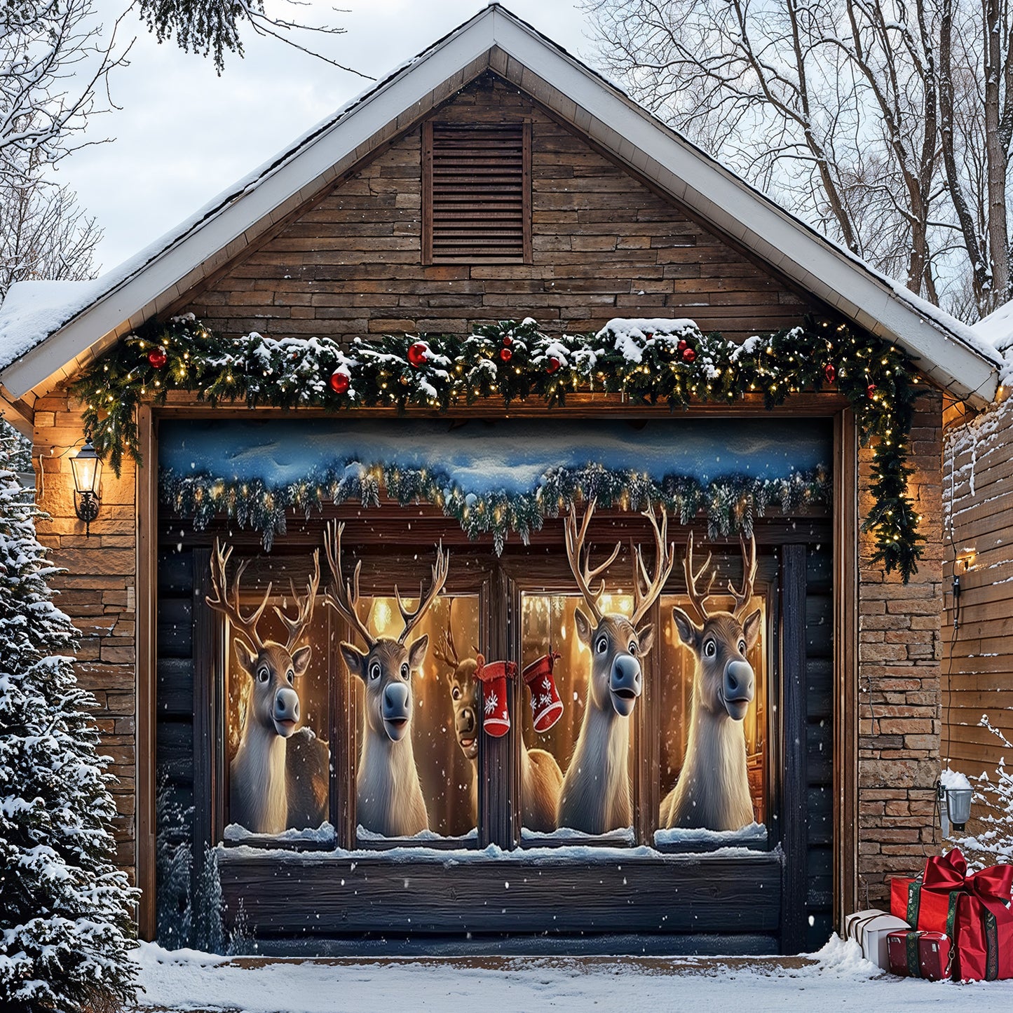 Lorva Christmas Garage Door Banner Decoration Reindeer's Playful