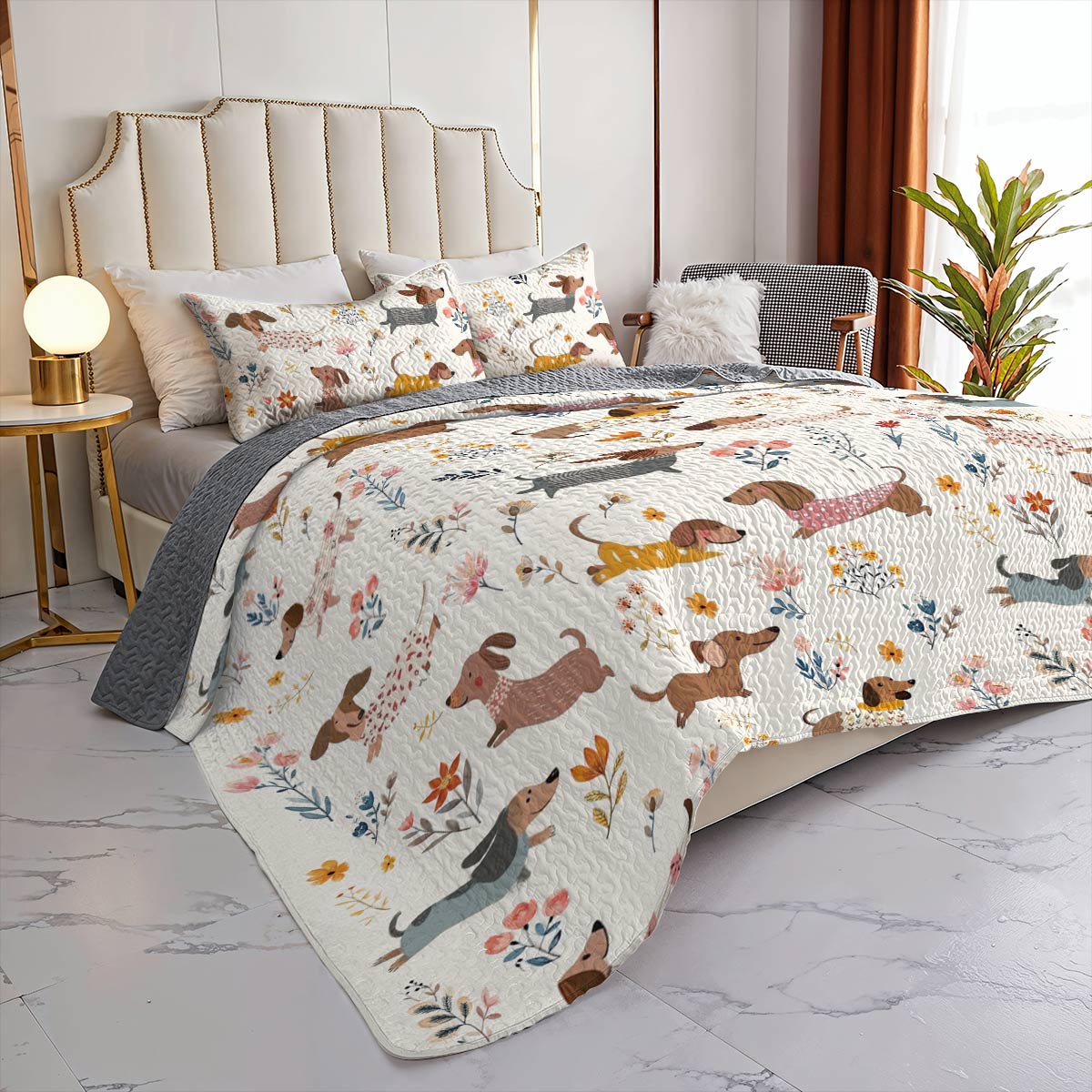 Dachshund Lorva All Season Quilt 3-Piece Set Happy Field Flowers