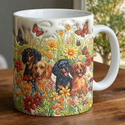 Lorva Flat Print Mug Sunshine Dachshunds In Flowers Garden