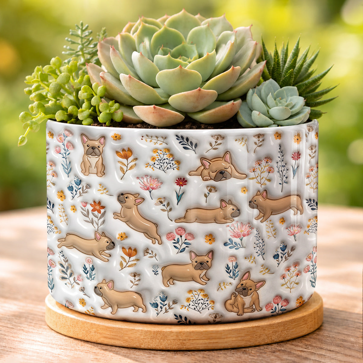 Lorva French Bulldog Flat Print Ceramic Plant Pot Happy Field Flowers