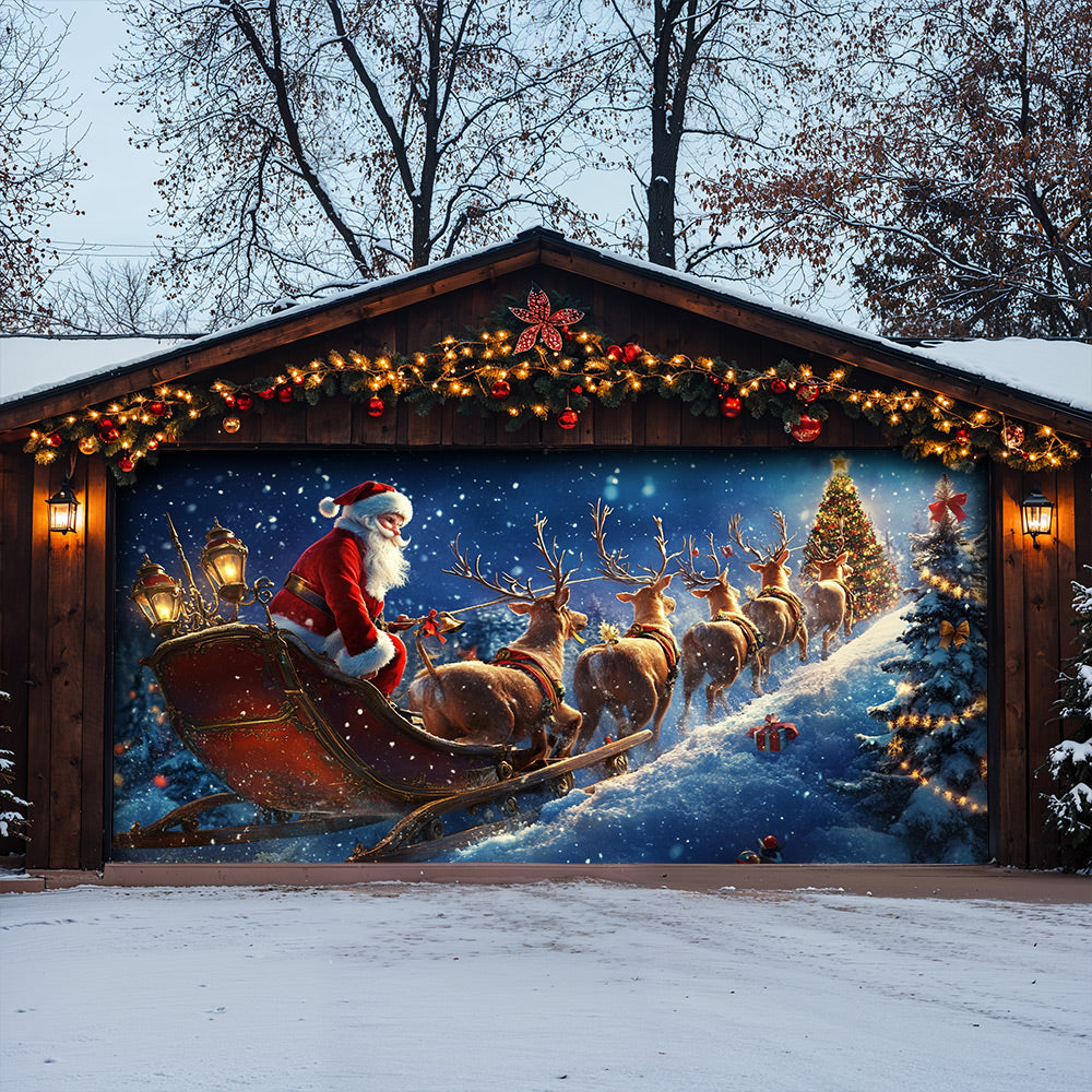 Lorva Christmas Garage Door Banner Decoration Santa’s Reindeer Journey