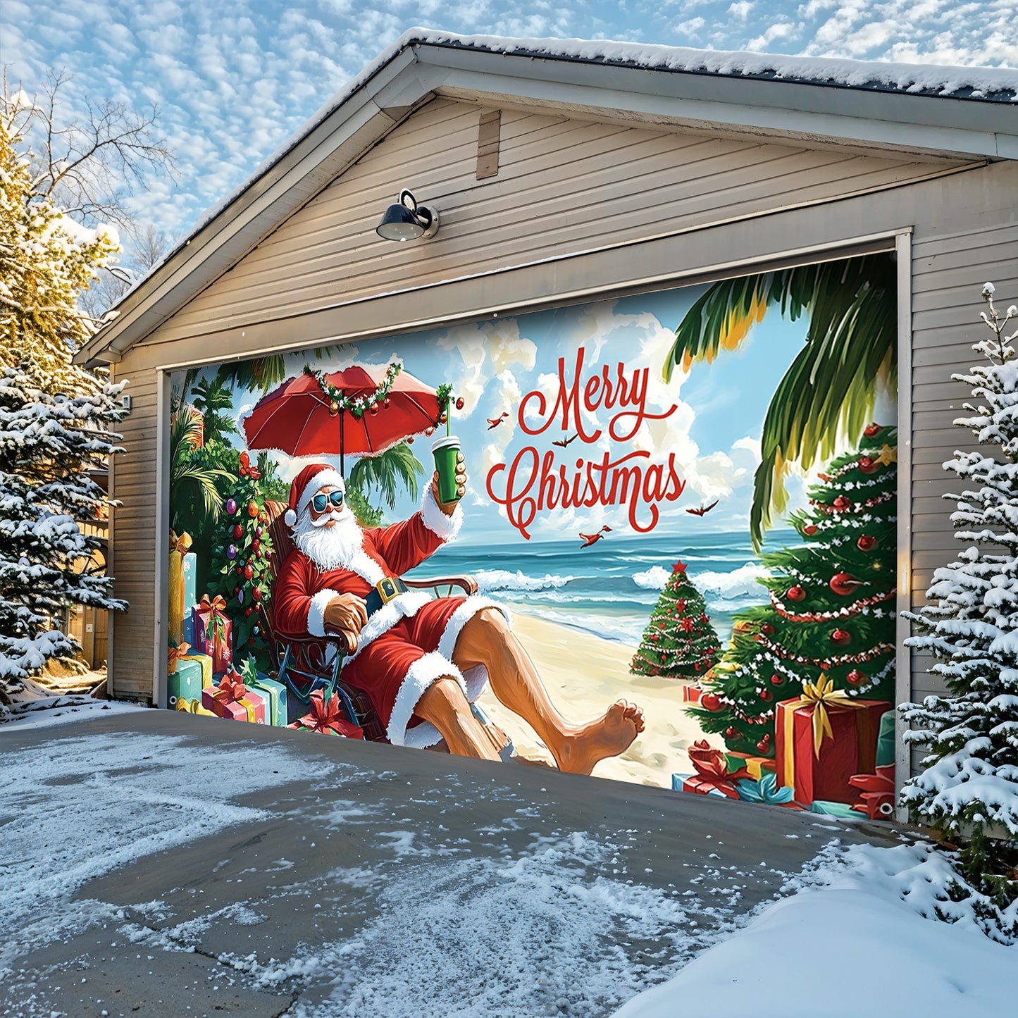 Lorva Garage Door Banner Decoration Santa On Beach