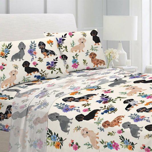 Lorva 4-Piece Bed Sheet Set Charming Floral Dachshunds