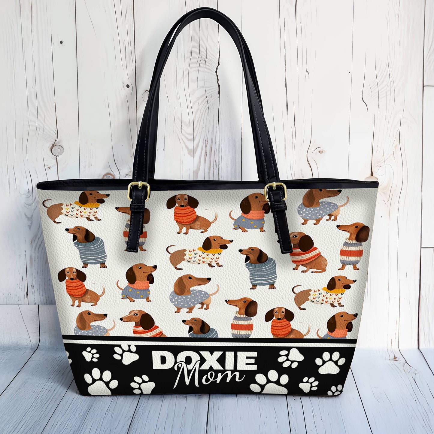 Lorva Leather Tote Bag Doxie Mom 2 Styles Black - Grey