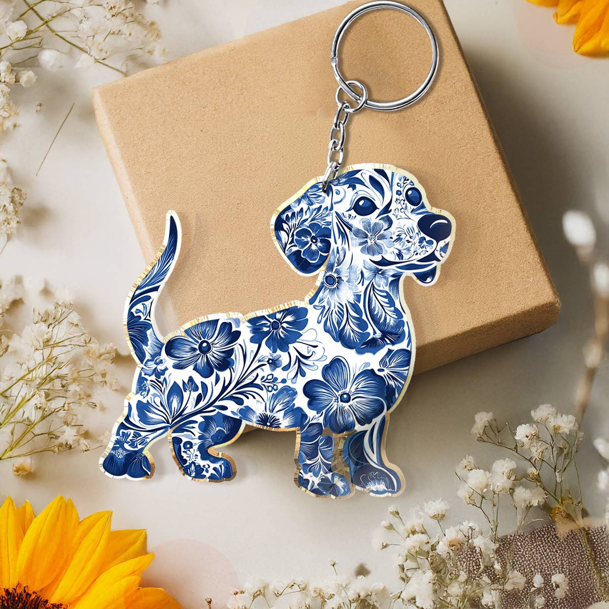 Lorva Keychain Blue Floral Dachshund