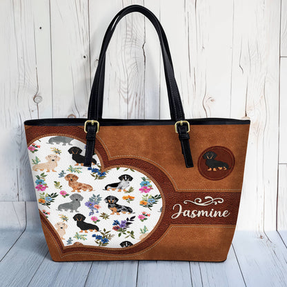 Lorva Personalized Leather Tote Bag Heart Floral Dachshund