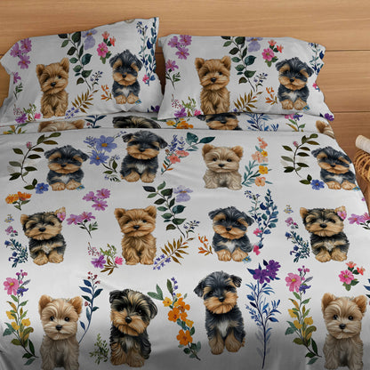 Lorva 4-Piece Bed Sheet Set Charming Floral Yorkies