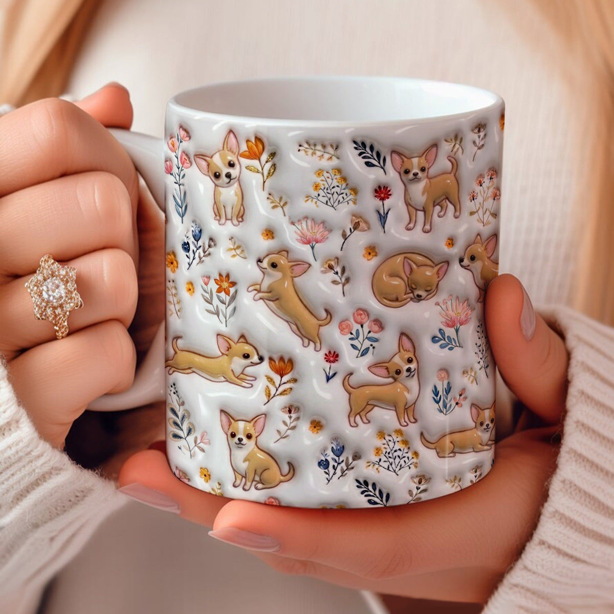 Lorva Chihuahua Flat Print Mug Happy Field Flowers