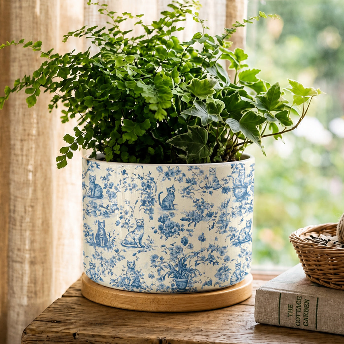 Lorva Ceramic Plant Pot Blue Floral Cats