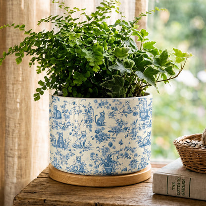Lorva Ceramic Plant Pot Blue Floral Cats
