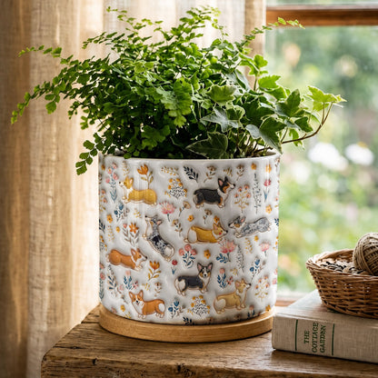 Lorva Corgi Flat Print Ceramic Plant Pot Happy Field Flowers
