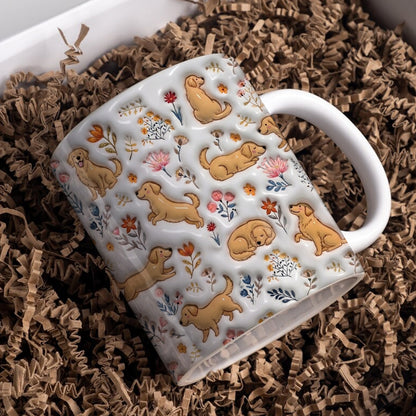 Lorva Golden Retriever Flat Print Mug Cute Field Flowers