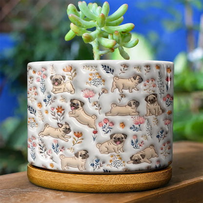 Lorva Pug Flat Print Ceramic Plant Pot Happy Field Flowers