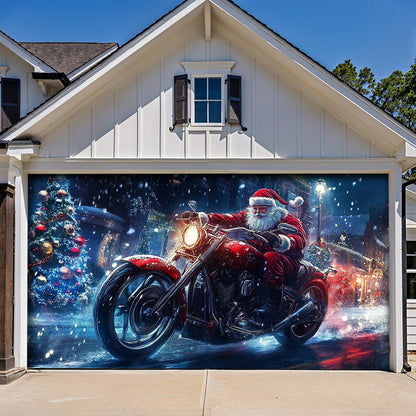 Lorva Chistmas Garage Door Banner Decoration Santa’s Midnight Motorcycle Run