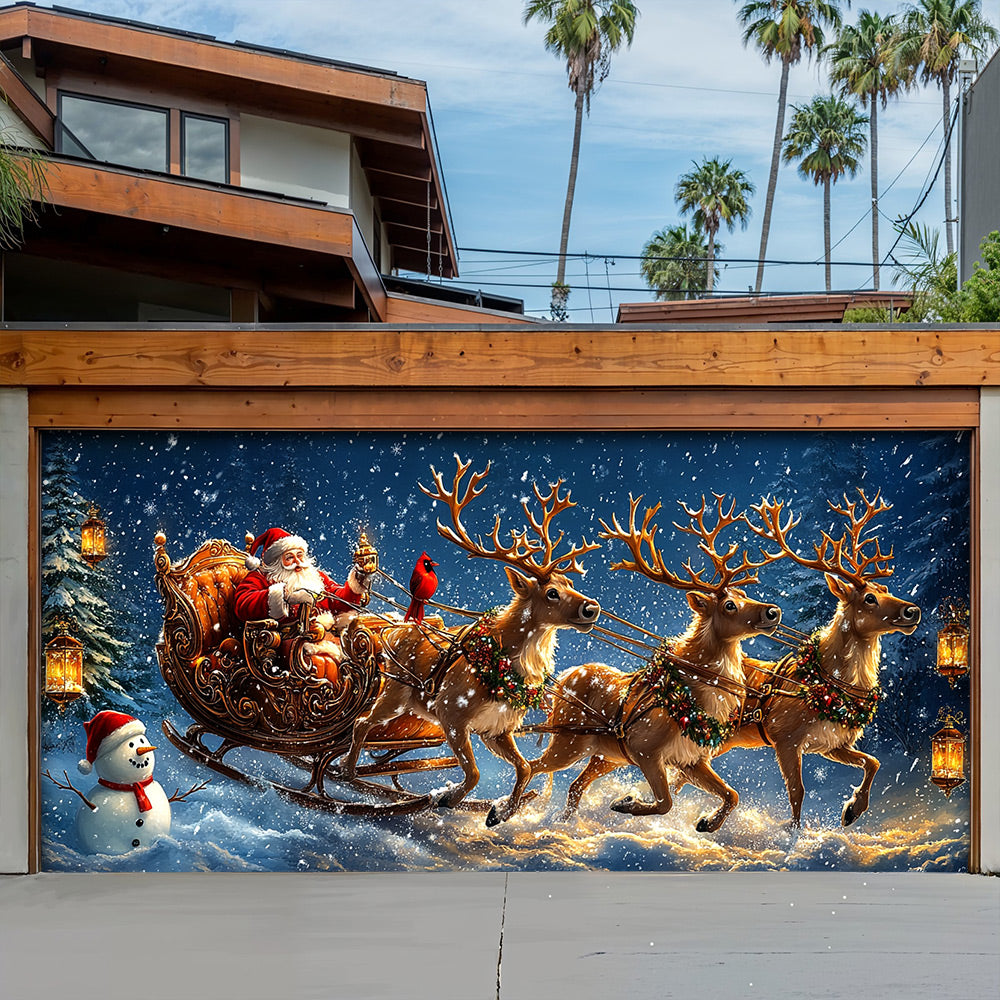 Lorva Christmas Garage Door Banner Decoration Santa’s Snowy Sleigh Adventure