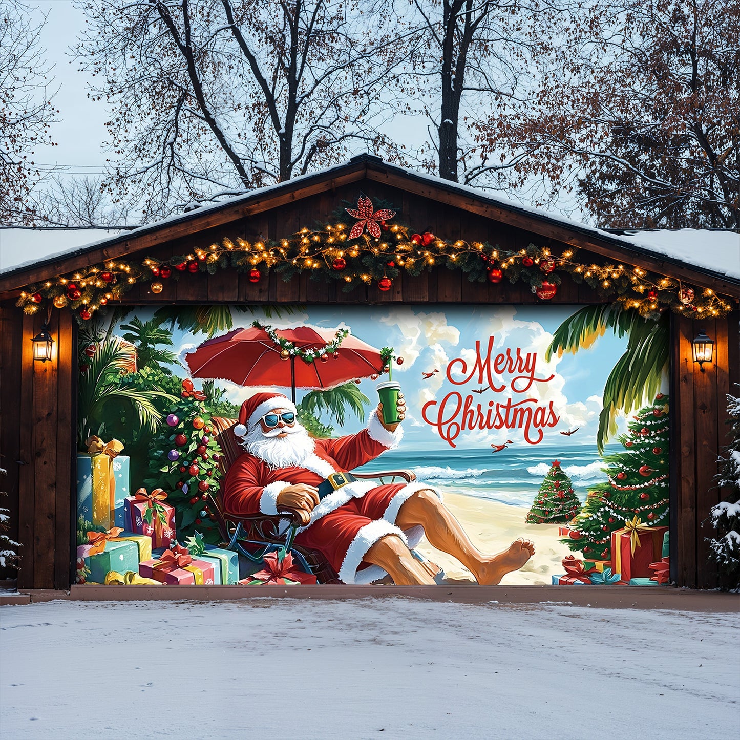 Lorva Garage Door Banner Decoration Santa On Beach