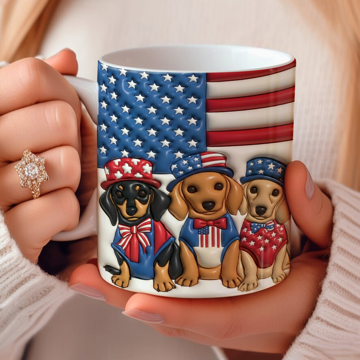 Lorva Flat Print Mug Cute Dachshunds With American Flag