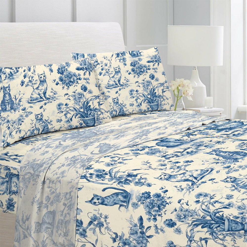 Lorva 4-Piece Bed Sheet Set Blue Garden Whiskers