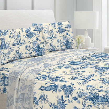 Lorva 4-Piece Bed Sheet Set Blue Garden Whiskers