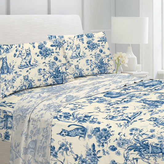 Lorva 4-Piece Bed Sheet Set Blue Garden Whiskers