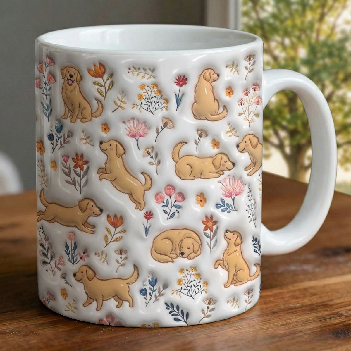 Lorva Golden Retriever Flat Print Mug Cute Field Flowers