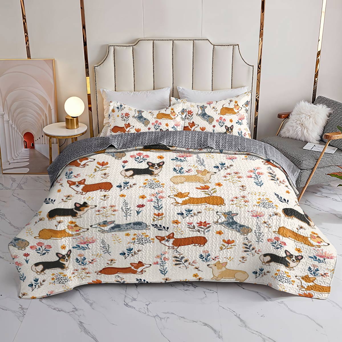 Lorva Corgi All Season Quilt 3-Piece Set Happy Field Flowers