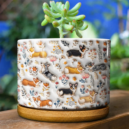 Lorva Corgi Flat Print Ceramic Plant Pot Happy Field Flowers