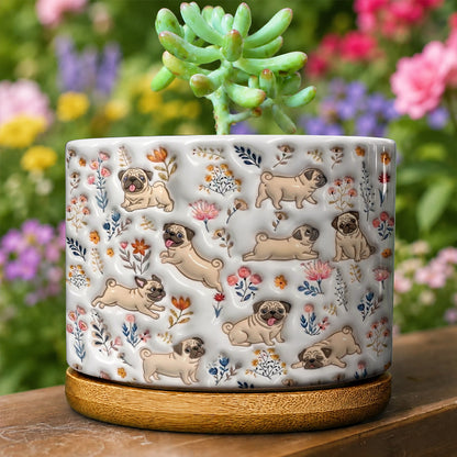Lorva Pug Flat Print Ceramic Plant Pot Happy Field Flowers