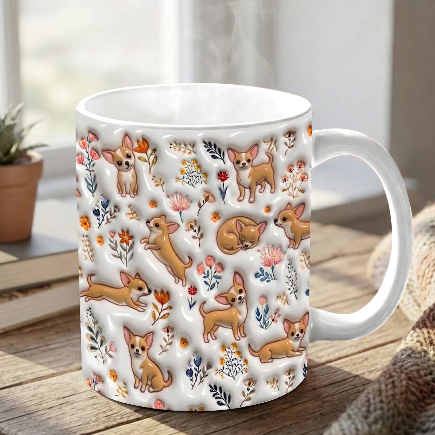 Lorva Chihuahua Flat Print Mug Happy Field Flowers