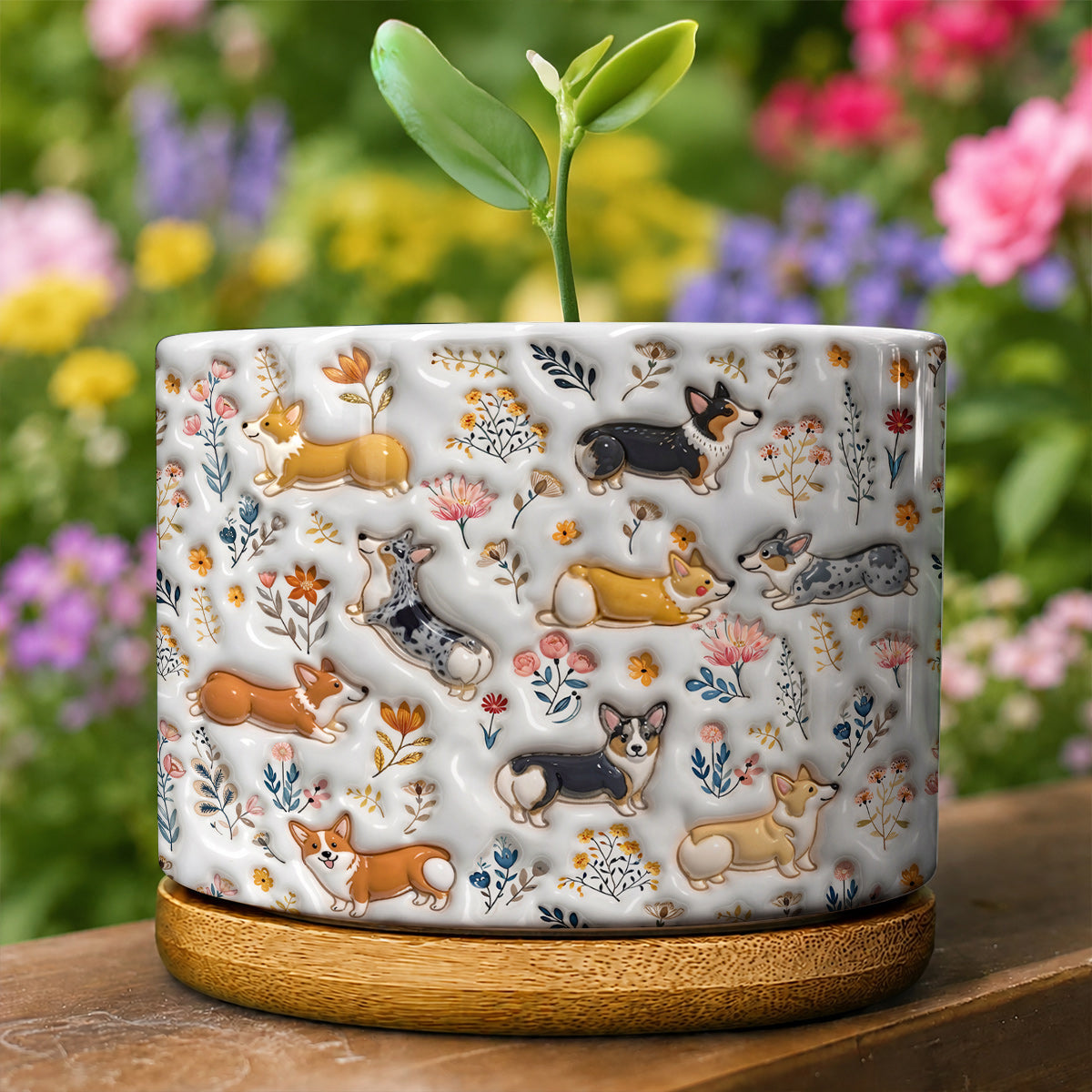 Lorva Corgi Flat Print Ceramic Plant Pot Happy Field Flowers