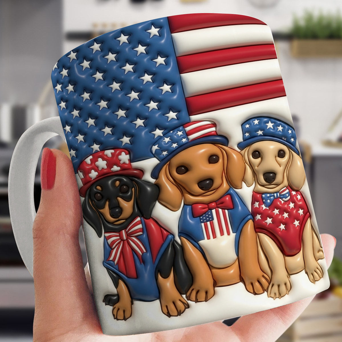 Lorva Flat Print Mug Cute Dachshunds With American Flag