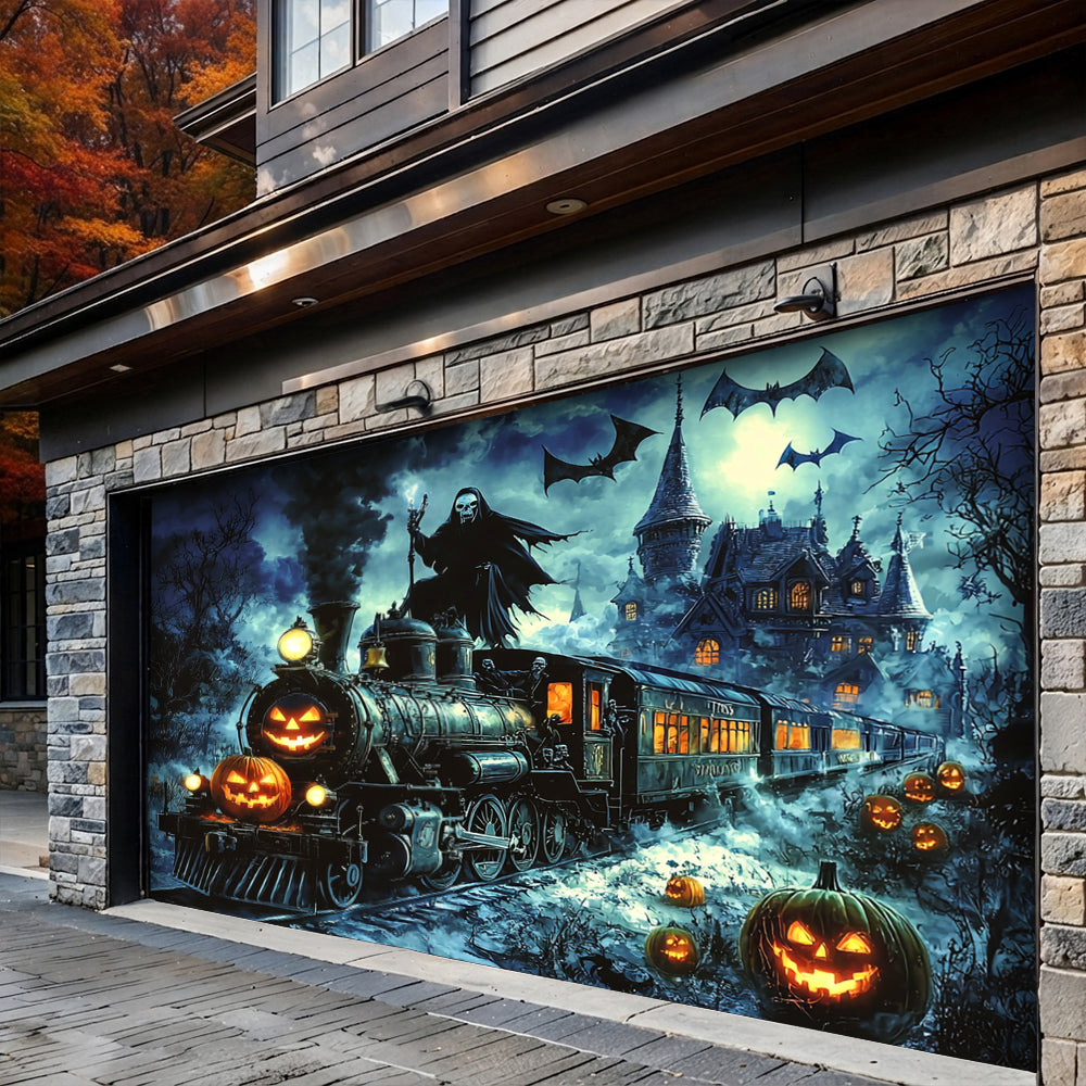 Lorva Halloween Garage Door Banner Decoration Grim Reaper Haunted Train